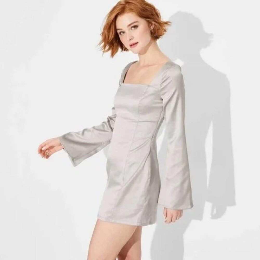 Wild Fable Silver Bell Long Sleeve Satin Mini Bodycon Holiday Dress